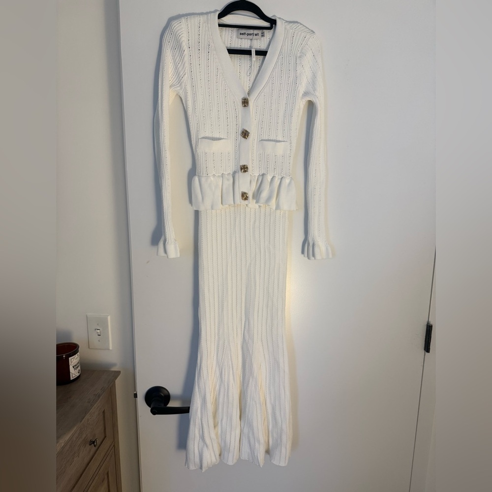 Self-Portrait White Knit peplum midi dress